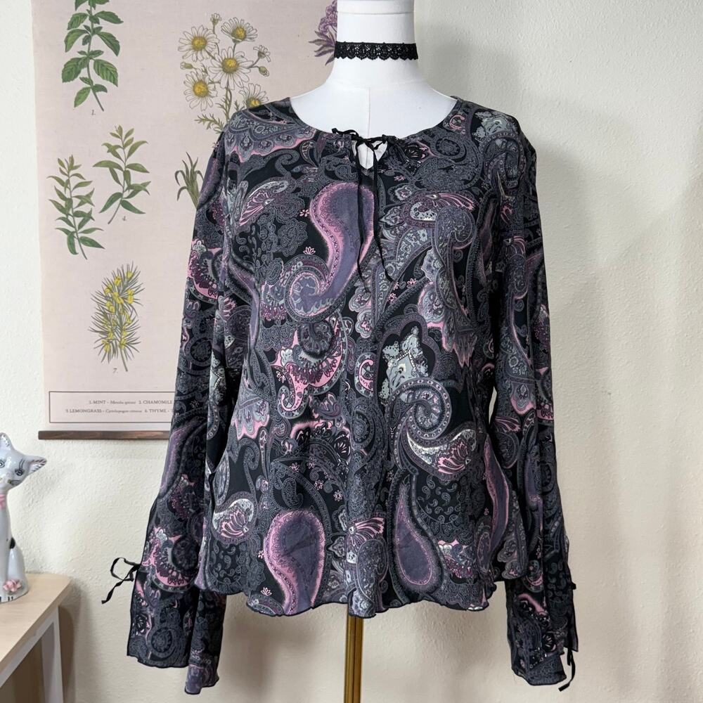 Vintage 90s Y2k Paisley Flare Sleeve Top Dark Fairy Whimsigoth Romantic Goth XL